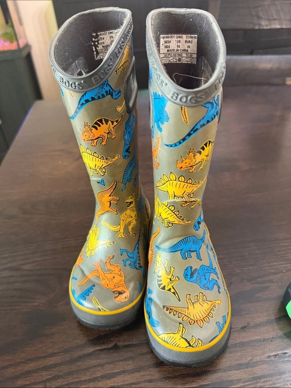 Bogs Kids Gray Rain Boots with Blue, Orange & Yellow Dinosaurs